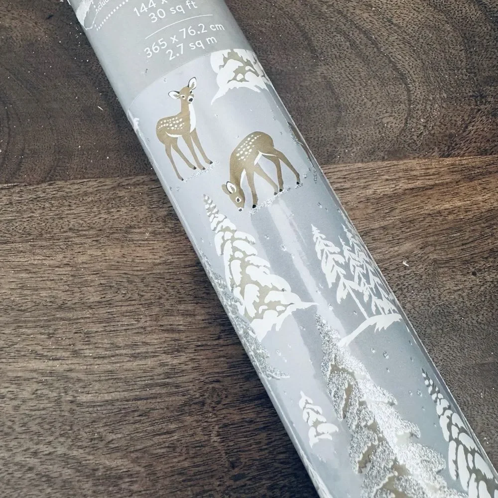Christmas Deer Glitter Forest Trees Holiday Wrapping Paper Roll Gift Wrap